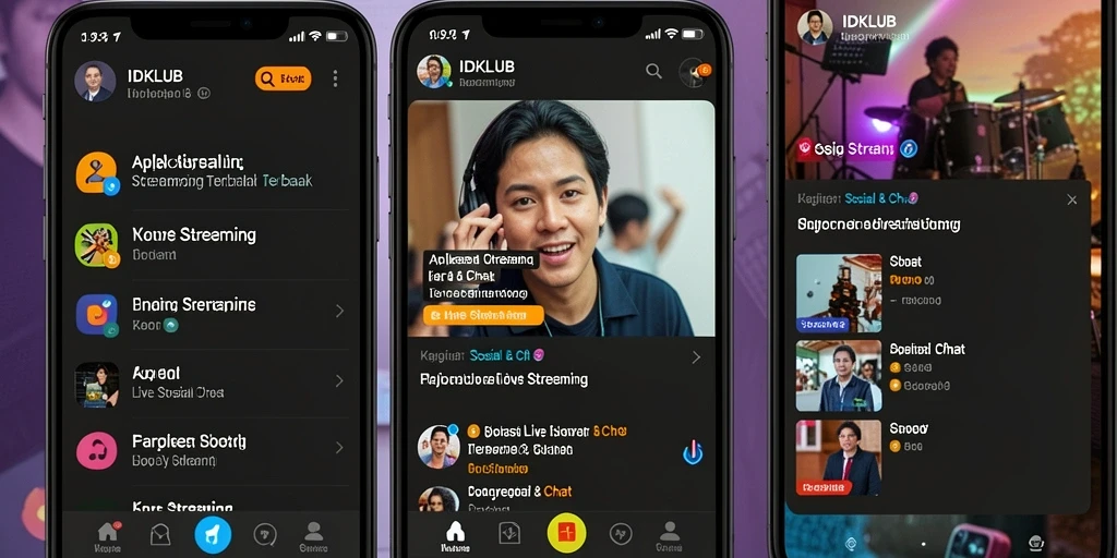 Tampilan antarmuka aplikasi IDKLUB untuk Live Streaming yang menarik.